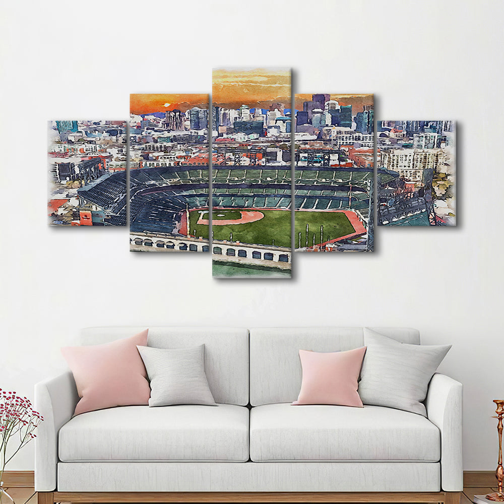 Oracle Park WaterColor, San Francisco California Baseball Watercolor, Sport Art, Mixed 5 Panel, Canvas Print Wall Art