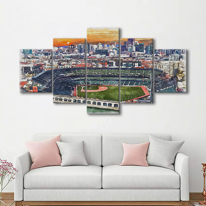 Oracle Park WaterColor, San Francisco California Baseball Watercolor, Sport Art, Mixed 5 Panel, Canvas Print Wall Art