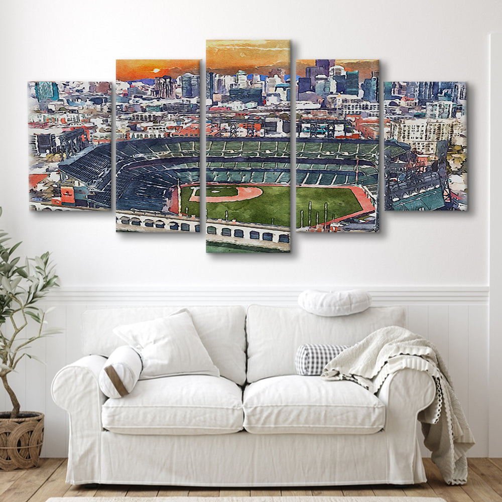 Oracle Park WaterColor, San Francisco California Baseball Watercolor, Sport Art, Mixed 5 Panel, Canvas Print Wall Art