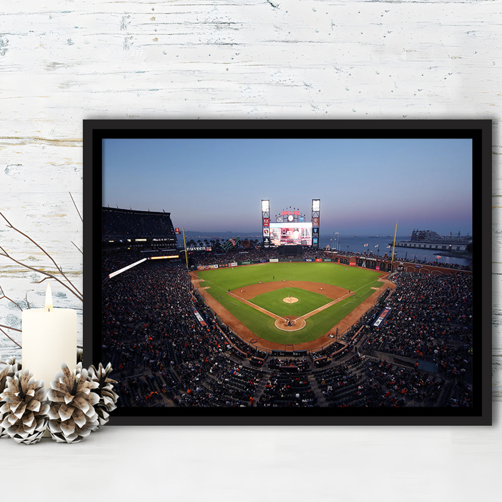 Oracle Park at Night, Stadium Canvas, Sport Art, Framed Canvas Print Wall Art, Floating Frame