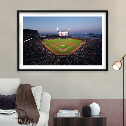 Oracle Park at Night, Stadium Canvas, Sport Art, Gift for him, White Border Framed Art Print Wall Decor