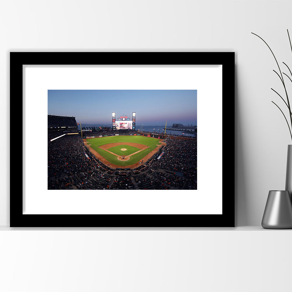 Oracle Park at Night, Stadium Canvas, Sport Art, Gift for him, White Border Framed Art Print Wall Decor