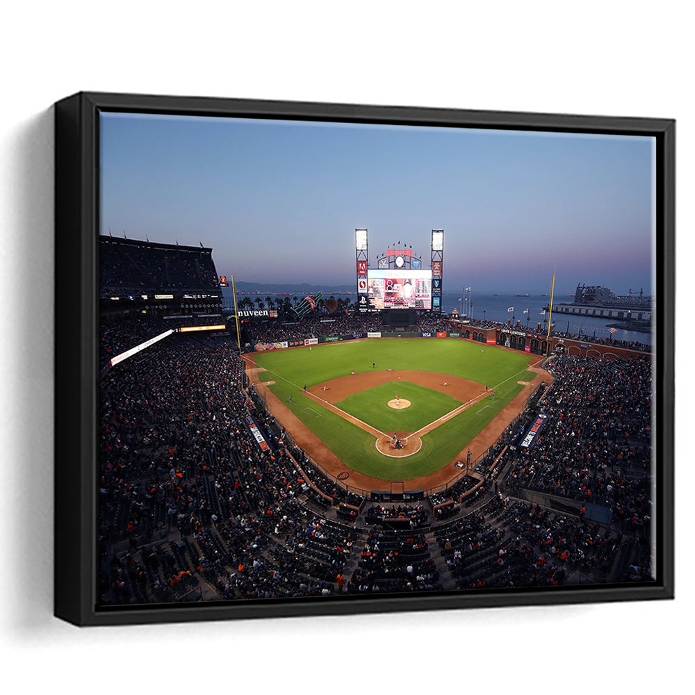 Oracle Park at Night, Stadium Canvas, Sport Art, Framed Canvas Print Wall Art, Floating Frame
