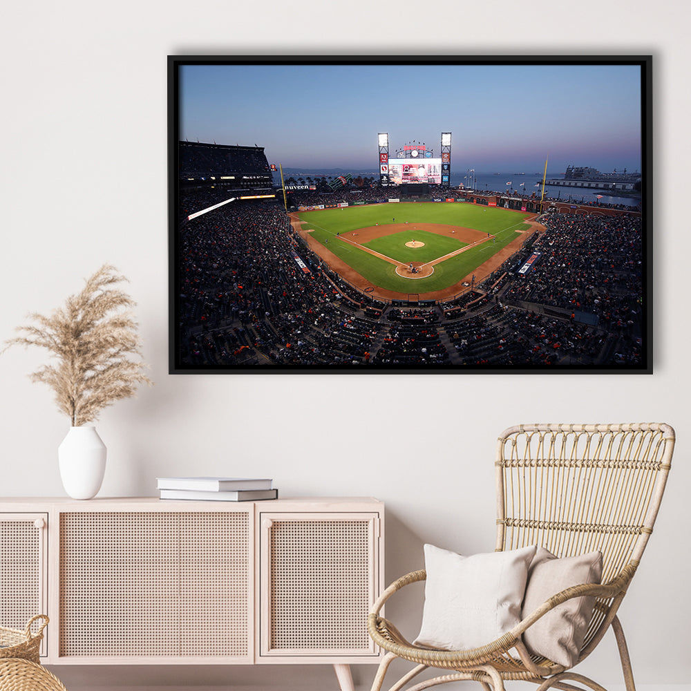 Oracle Park at Night, Stadium Canvas, Sport Art, Framed Canvas Print Wall Art, Floating Frame