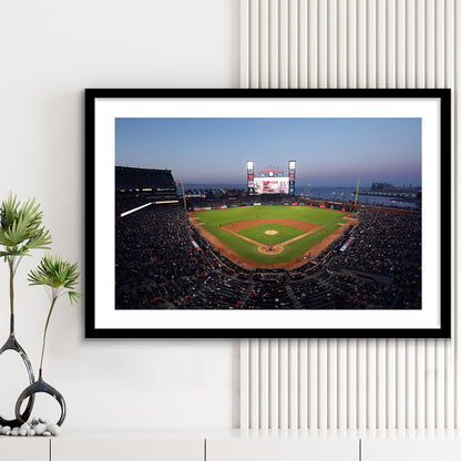 Oracle Park at Night, Stadium Canvas, Sport Art, Gift for him, White Border Framed Art Print Wall Decor