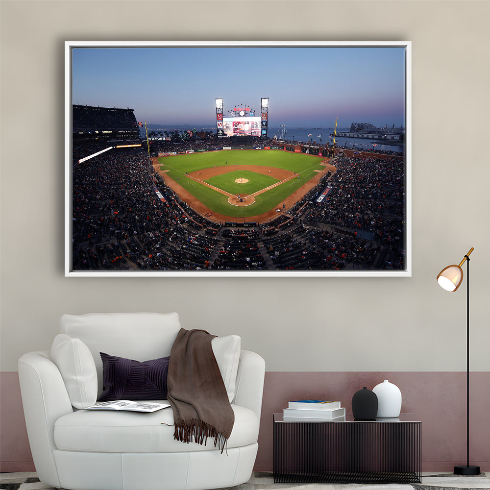Oracle Park at Night, Stadium Canvas, Sport Art, Framed Canvas Print Wall Art, Floating Frame