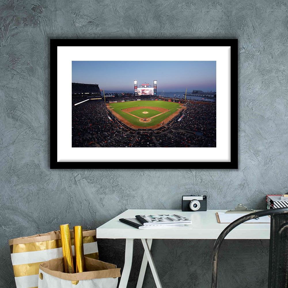Oracle Park at Night, Stadium Canvas, Sport Art, Gift for him, White Border Framed Art Print Wall Decor