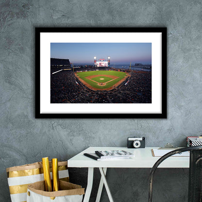Oracle Park at Night, Stadium Canvas, Sport Art, Gift for him, White Border Framed Art Print Wall Decor