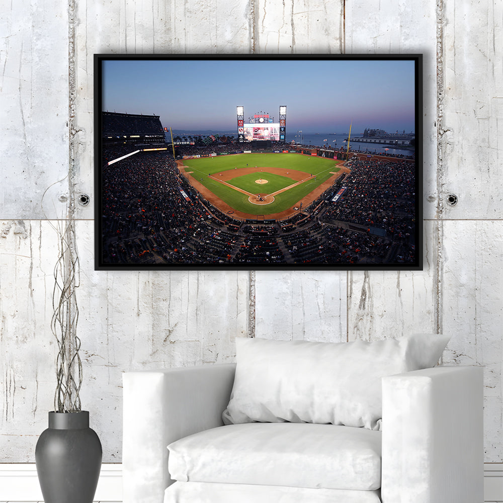 Oracle Park at Night, Stadium Canvas, Sport Art, Framed Canvas Print Wall Art, Floating Frame