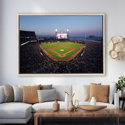 Oracle Park at Night, Stadium Canvas, Sport Art, Framed Canvas Print Wall Art, Floating Frame