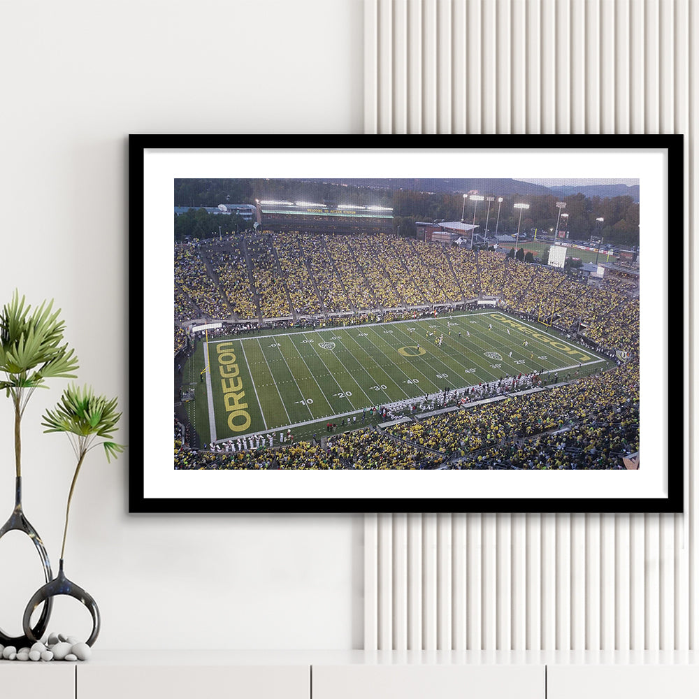 Oregon football Stadium, Stadium Canvas, Sport Art, Gift for him, White Border Framed Art Print Wall Decor