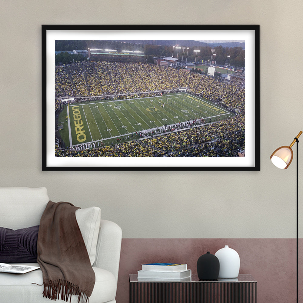 Oregon football Stadium, Stadium Canvas, Sport Art, Gift for him, White Border Framed Art Print Wall Decor