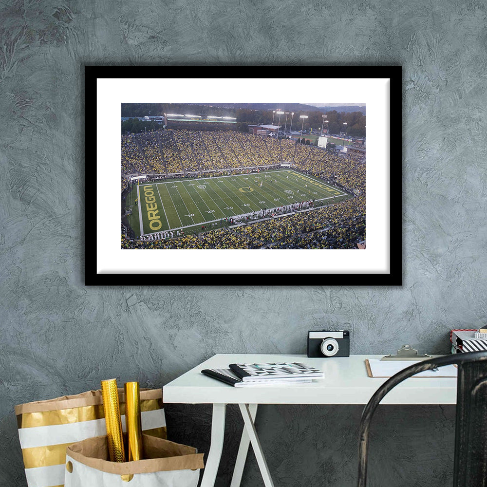 Oregon football Stadium, Stadium Canvas, Sport Art, Gift for him, White Border Framed Art Print Wall Decor