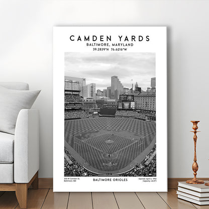 Oriole Park At Camden Yards Stadium Black And White, Baltimore Baseball Stadium Art, Canvas Prints Wall Art, Man Cave Decor
