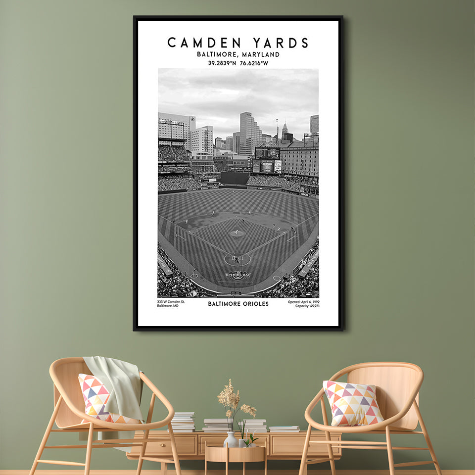 Oriole Park At Camden Yards Stadium Black And White, Baltimore Baseball Stadium Wall Art, Framed Canvas Prints Wall Art