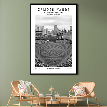 Oriole Park At Camden Yards Stadium Black And White, Baltimore Baseball Stadium Wall Art, Framed Canvas Prints Wall Art