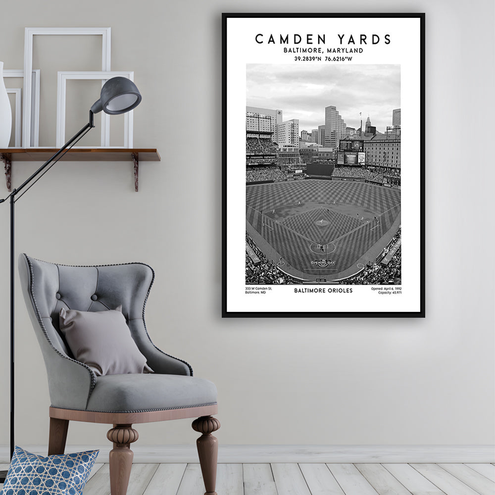 Oriole Park At Camden Yards Stadium Black And White, Baltimore Baseball Stadium Wall Art, Framed Canvas Prints Wall Art