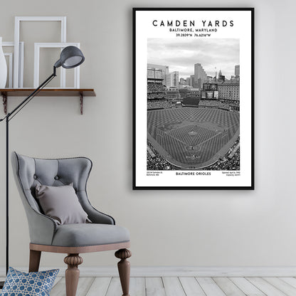 Oriole Park At Camden Yards Stadium Black And White, Baltimore Baseball Stadium Wall Art, Framed Canvas Prints Wall Art