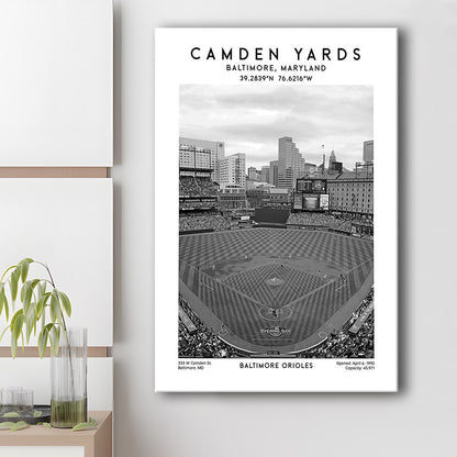 Oriole Park At Camden Yards Stadium Black And White, Baltimore Baseball Stadium Art, Canvas Prints Wall Art, Man Cave Decor