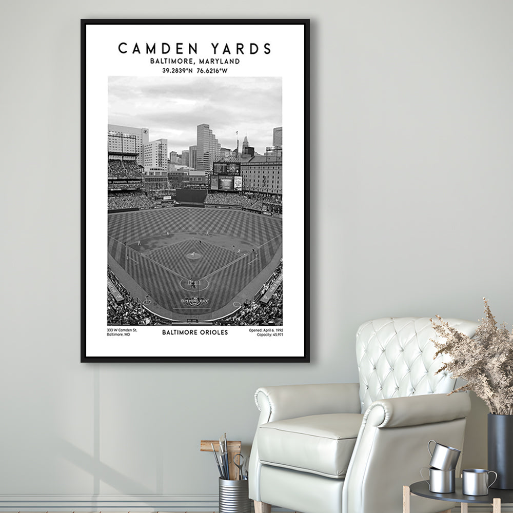 Oriole Park At Camden Yards Stadium Black And White, Baltimore Baseball Stadium Wall Art, Framed Canvas Prints Wall Art