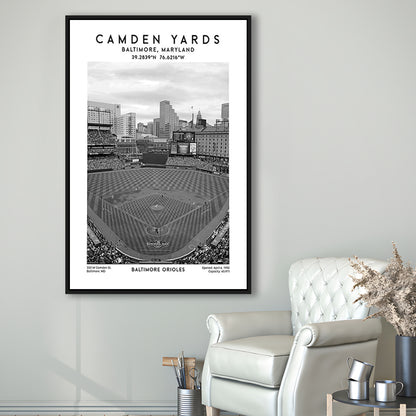 Oriole Park At Camden Yards Stadium Black And White, Baltimore Baseball Stadium Wall Art, Framed Canvas Prints Wall Art