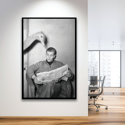 Ostrich Reading a Newspaper Funny Vintage Animal Photo Black and White Art, Framed Art Print Wall Decor
