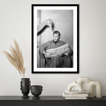 Ostrich Reading a Newspaper Funny Vintage Animal Photo Black and White Art, Framed Art Print White Border Wall Decor