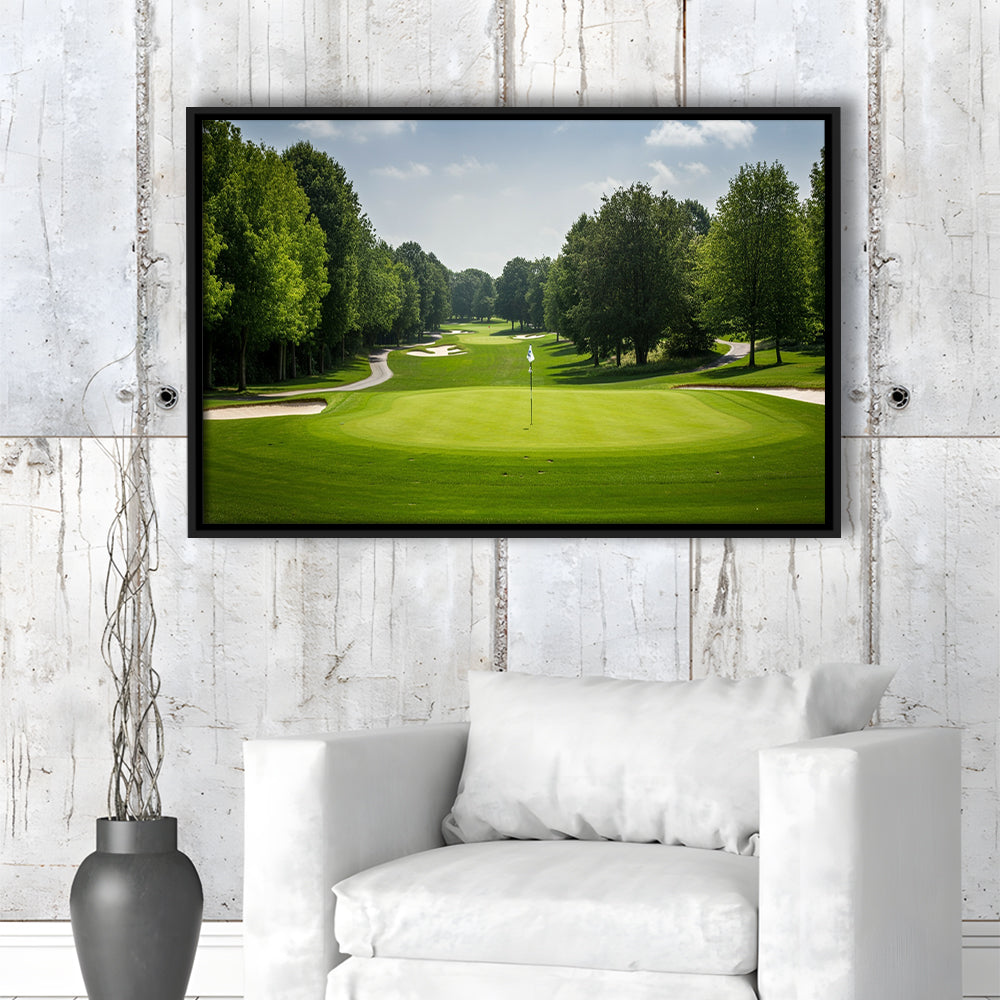 Outdoor Photo Of Golf Course Landscape, Floating Framed Canvas Print Wall Art