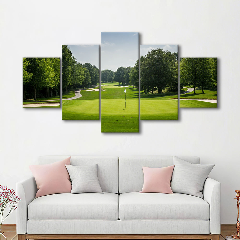 Outdoor Photo Of Golf Course Landscape, Golf Art Print, 5 Pieces Mixed Canvas Print Wall Art