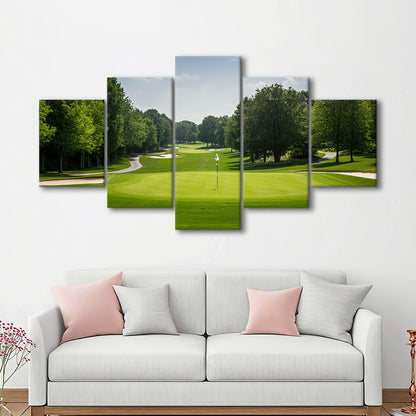 Outdoor Photo Of Golf Course Landscape, Golf Art Print, 5 Pieces Mixed Canvas Print Wall Art