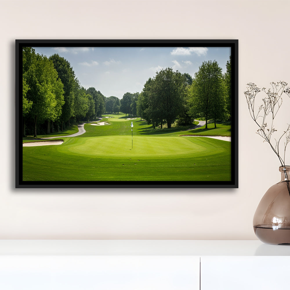 Outdoor Photo Of Golf Course Landscape, Floating Framed Canvas Print Wall Art