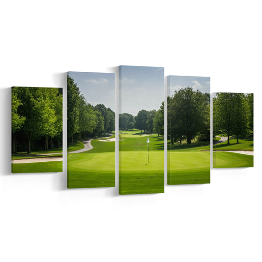 Outdoor Photo Of Golf Course Landscape, Golf Art Print, 5 Pieces Mixed Canvas Print Wall Art