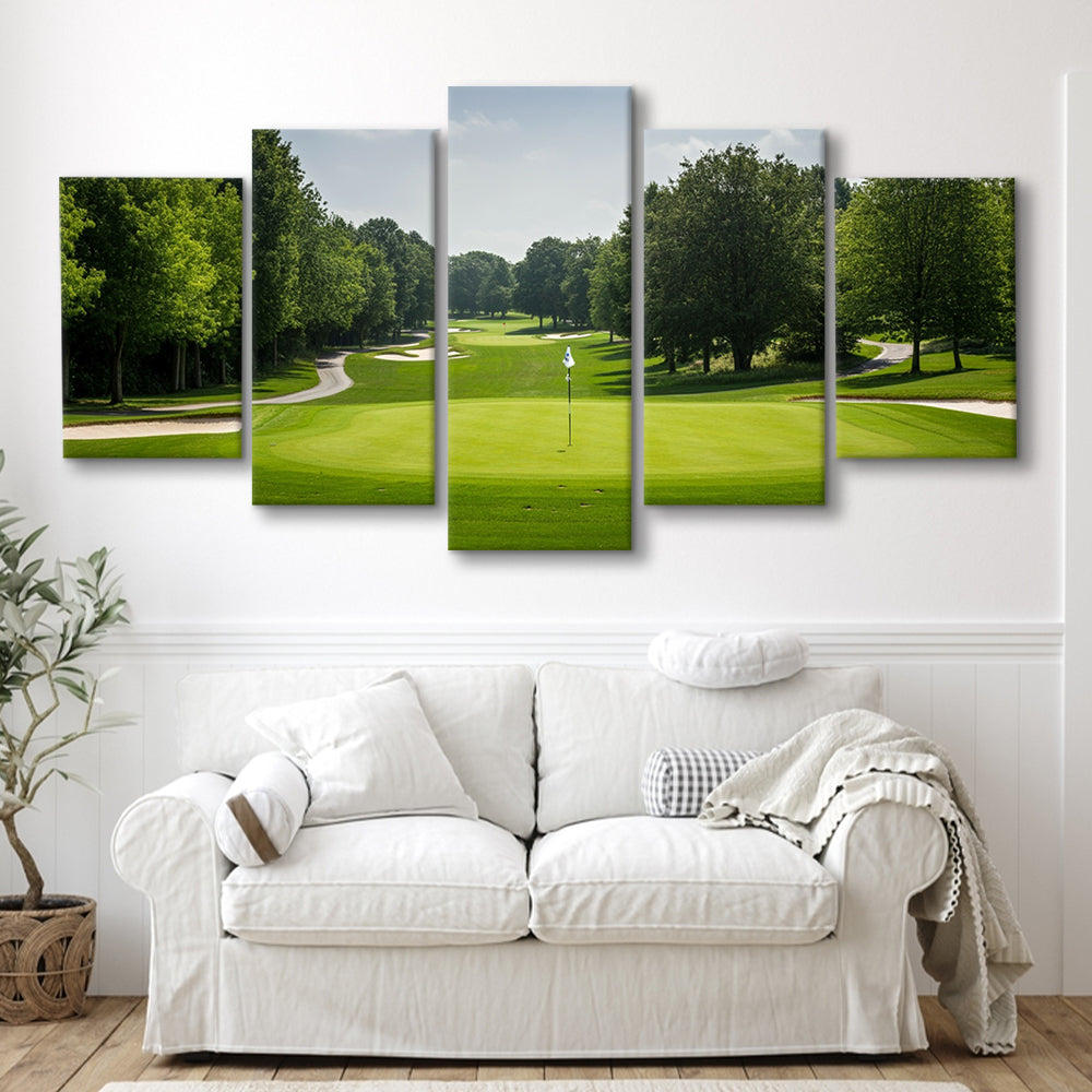 Outdoor Photo Of Golf Course Landscape, Golf Art Print, 5 Pieces Mixed Canvas Print Wall Art