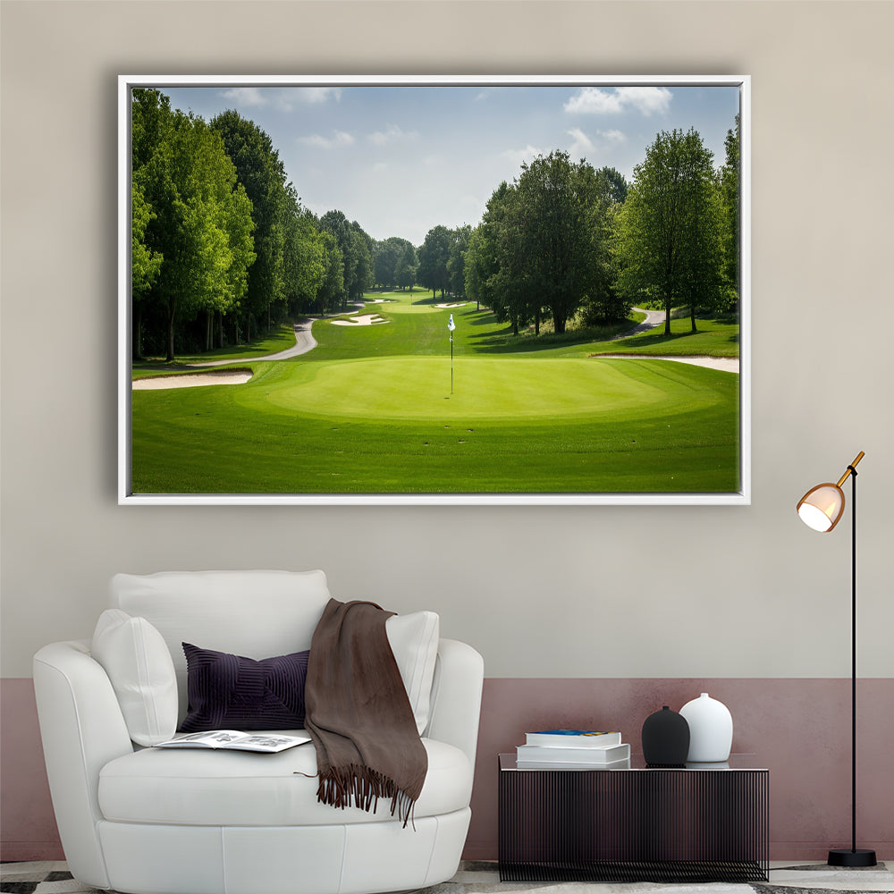 Outdoor Photo Of Golf Course Landscape, Floating Framed Canvas Print Wall Art