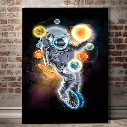 Outer Space Astronaut, Neon Sign Effect, Canvas Print, Luxury Wall Art Decor, Modern Art