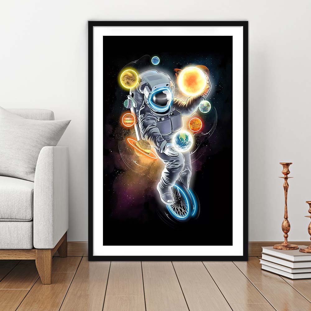 Outer Space Astronaut, Neon Sign Effect, Framed Art Print, Luxury Pictures Framed, White Border