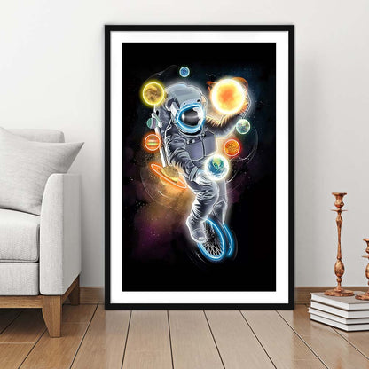 Outer Space Astronaut, Neon Sign Effect, Framed Art Print, Luxury Pictures Framed, White Border