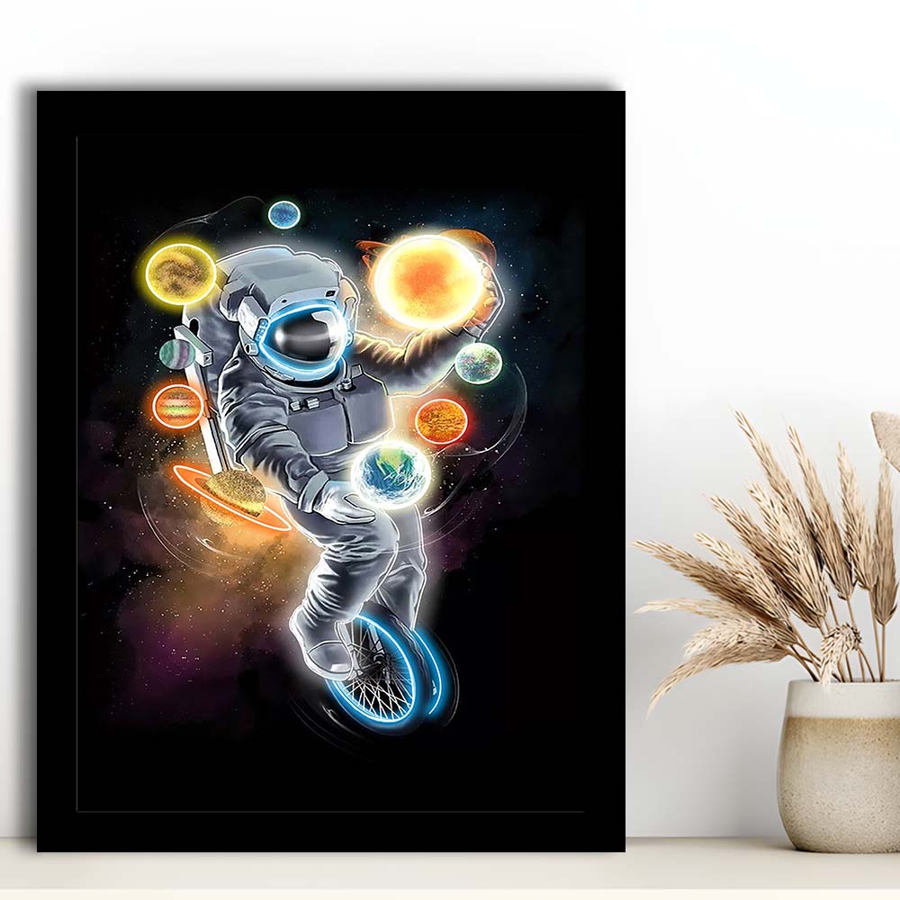 Outer Space Astronaut, Neon Sign Effect, Framed Art Print, Picture Framed Wall Art Decor