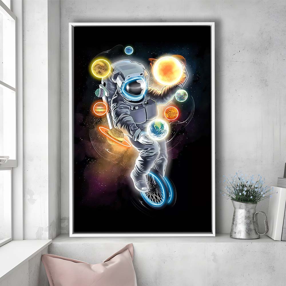 Outer Space Astronaut, Neon Sign Effect, Framed Canvas Print, Floating Frame, Luxury Wall Art Decor