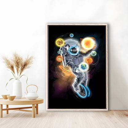 Outer Space Astronaut, Neon Sign Effect, Framed Canvas Print, Floating Frame, Luxury Wall Art Decor