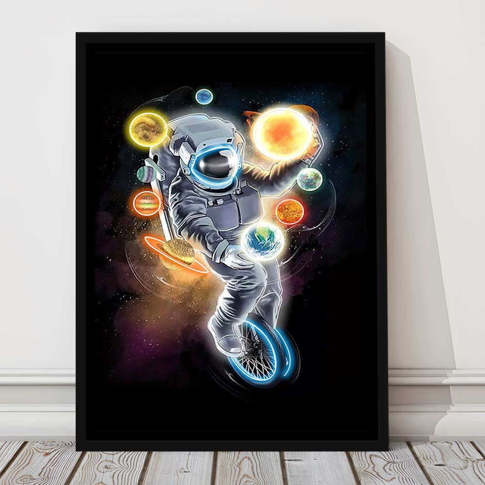Outer Space Astronaut, Neon Sign Effect, Framed Canvas Print, Floating Frame, Luxury Wall Art Decor