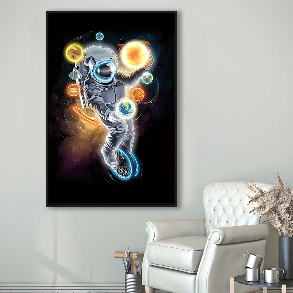 Outer Space Astronaut, Neon Sign Effect, Framed Canvas Print, Floating Frame, Luxury Wall Art Decor