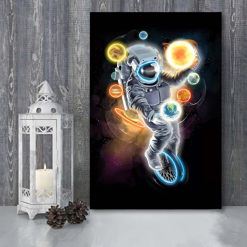 Outer Space Astronaut, Neon Sign Effect, Canvas Print, Luxury Wall Art Decor, Modern Art