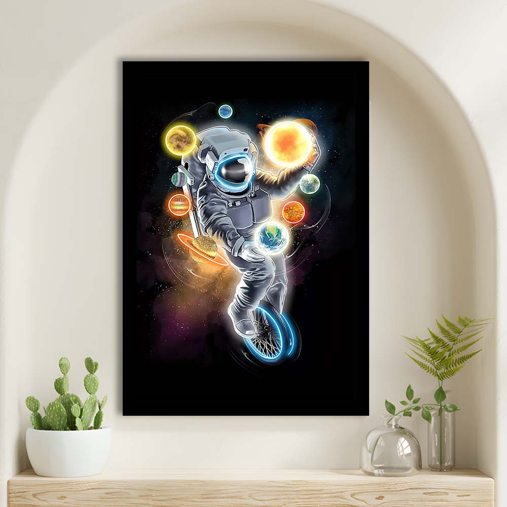 Outer Space Astronaut, Neon Sign Effect, Framed Art Print, Picture Framed Wall Art Decor