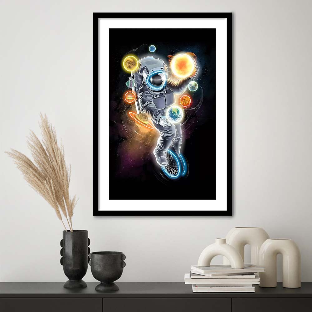 Outer Space Astronaut, Neon Sign Effect, Framed Art Print, Luxury Pictures Framed, White Border