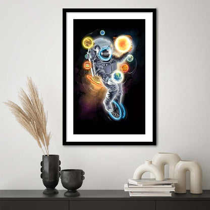 Outer Space Astronaut, Neon Sign Effect, Framed Art Print, Luxury Pictures Framed, White Border