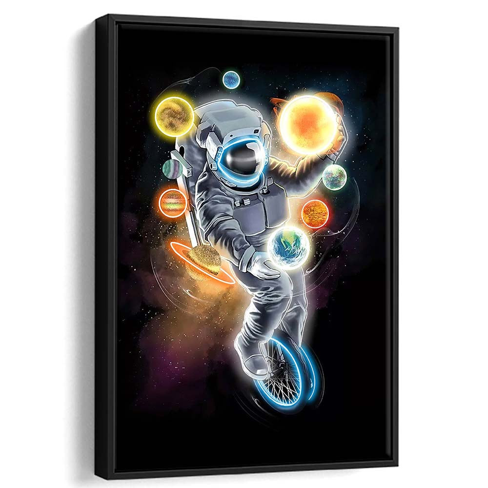 Outer Space Astronaut, Neon Sign Effect, Framed Canvas Print, Floating Frame, Luxury Wall Art Decor