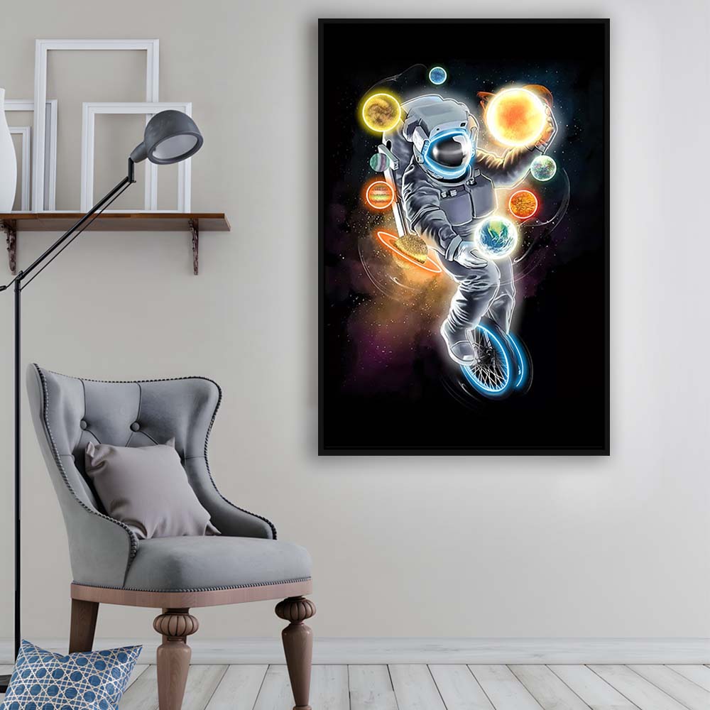 Outer Space Astronaut, Neon Sign Effect, Framed Canvas Print, Floating Frame, Luxury Wall Art Decor