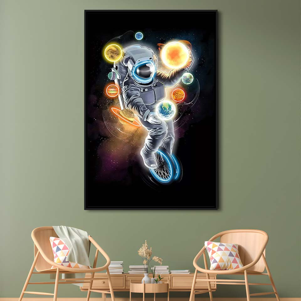 Outer Space Astronaut, Neon Sign Effect, Framed Canvas Print, Floating Frame, Luxury Wall Art Decor