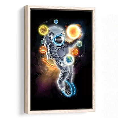 Outer Space Astronaut, Neon Sign Effect, Framed Canvas Print, Floating Frame, Luxury Wall Art Decor